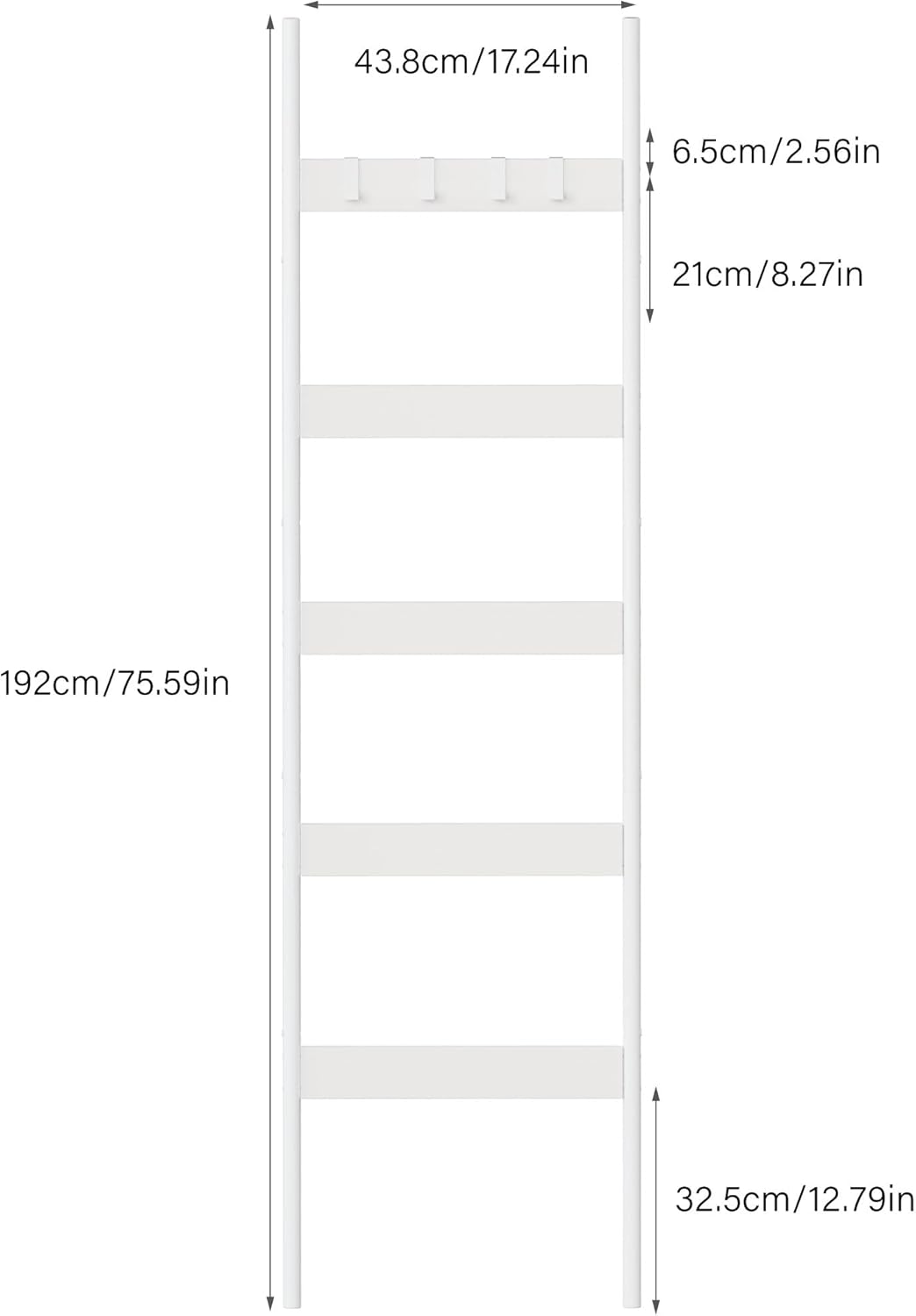 Blanket Ladder, 5-Tier Towel Holder with 4 Removable Hooks, Farmhouse Wall Leaning Decorative Rack Shelf, Wooden Towel Display Rack, Quilt Ladder for Living Room, Bedroom, Rustic Brown