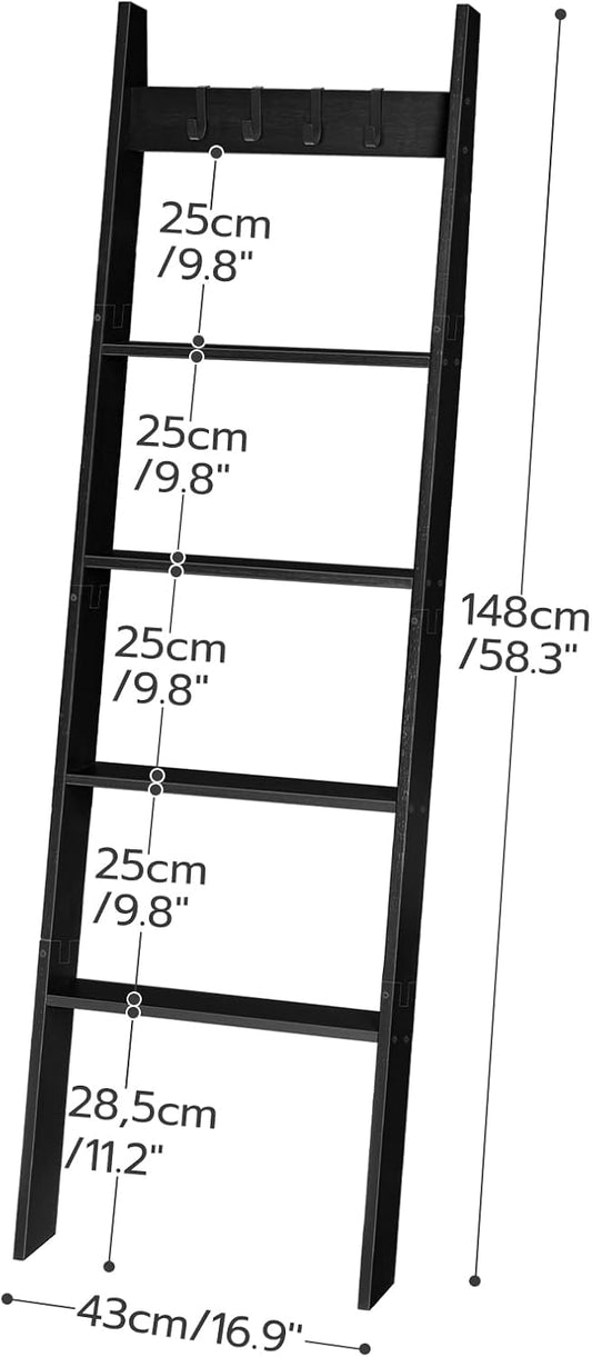 HOOBRO Blanket Ladder for Living Room and Bedroom, 5-Tier Wall Leaning Towel Rack for Bathroom, Decorative Ladder Shelf with 4 Removable Hooks, Farmhouse Blanket Storage, Mocha MA51CJ01G1