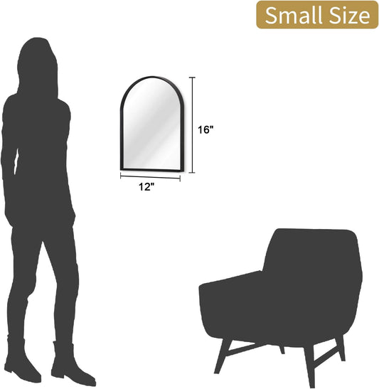 Black Arched Mirror, Modern Bathroom Wall Mirror Aluminum Alloy Framed Mirror Brushed Metal Vanity Wall Mounted Mirror for Livingroom Bedroom Entryway Room 16"x12"