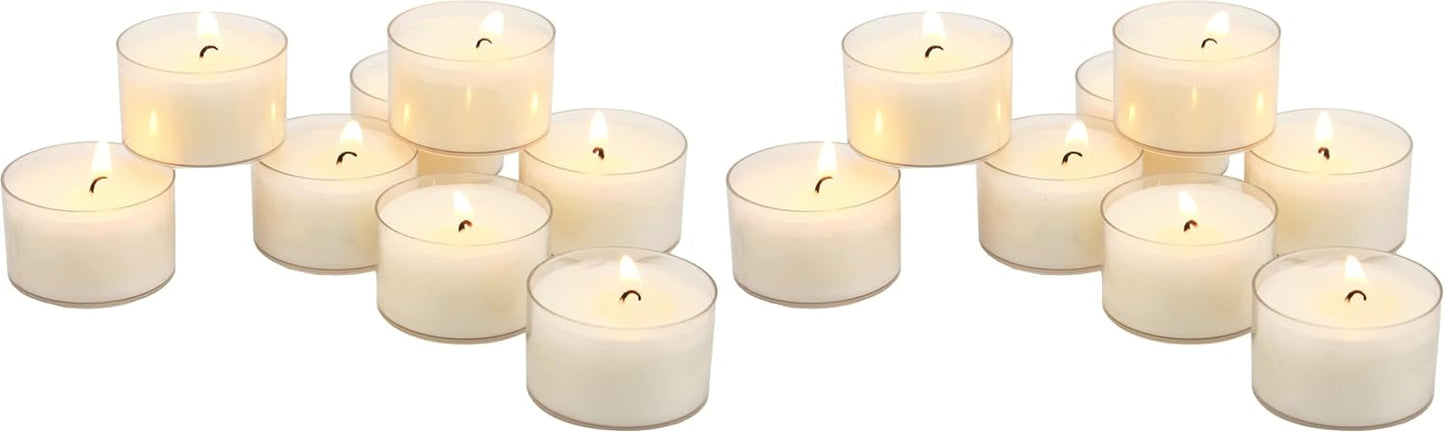 Stonebriar 96 Count White Unscented Smokeless Long Burning Clear Cup Tea Light Candles with 6 to 7 Hour Burn Time