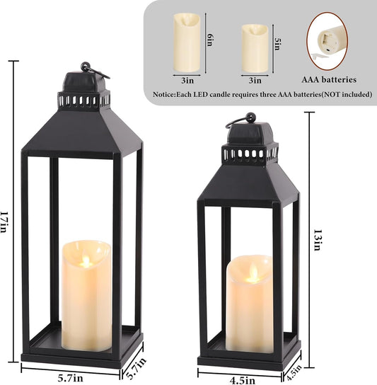 MATAHUM 17" 13" Lanterns Decorative Indoor Outdoor, Set of 2 Modern Farmhouse Metal Black Lantern with Candles, Boho Rustic Decor Decorative Lanterns for Mantle, Fireplace, Patio, Porch, Home Decor