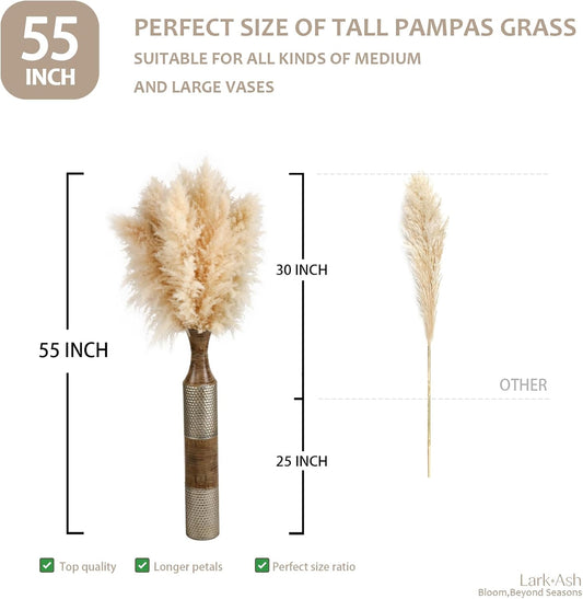 55inch 10pcs Dried Pampas Grass Decor Tall-Tall Pampas Grass for Floor Vase,Brown Large Pompas Grass Floral-Long Fluffy Pompas Grass for Living Room,Corner,Farmhouse,Wedding and Boho Home Decor