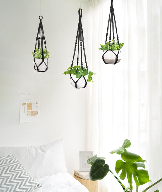 Mkono 3 Pack Macrame Plant Hangers Indoor Different Size Hanging Planter Basket Flower Pot Holder with Beads No Tassels 35"/29"/23", Medium, Brown