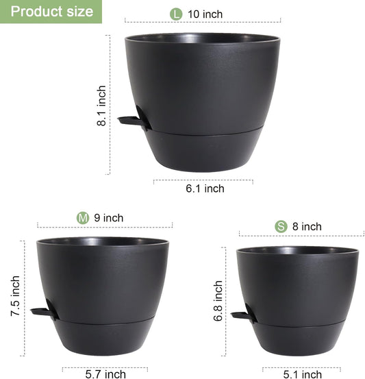 WSMKSZ 10/9/8 inch Self Watering Pots, Planter, Plant Pots with Mesh Drainage Holes for Indoor Outdoor Garden Plants, Plastic Flower Pots with Deep Reservoir for House Plants, Green with Brown