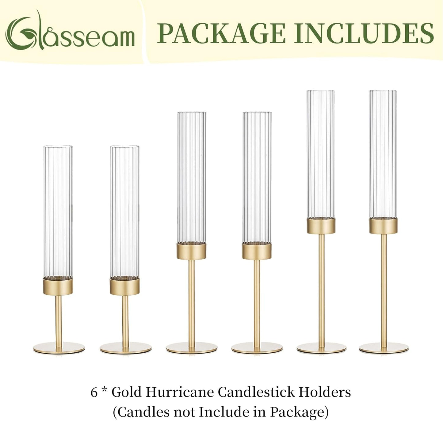 Gold Hurricane Taper Candle Holders: Glasseam 3Pcs Brass Candlestick Holders with Ribbed Glass Cylinder Cover Fluted Tall Candle Sticks Holder Decor for Table Centerpiece Wedding Christmas Decorations