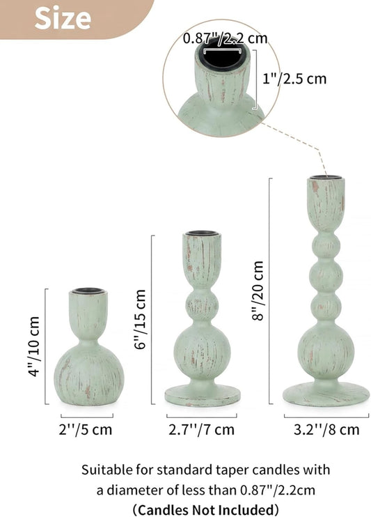 NUPTIO Candle Stick Holders Decor: Set of 3 Farmhouse Wooden Taper Candle Holders - Rustic Sage Green for Home Coffee Dinner Table