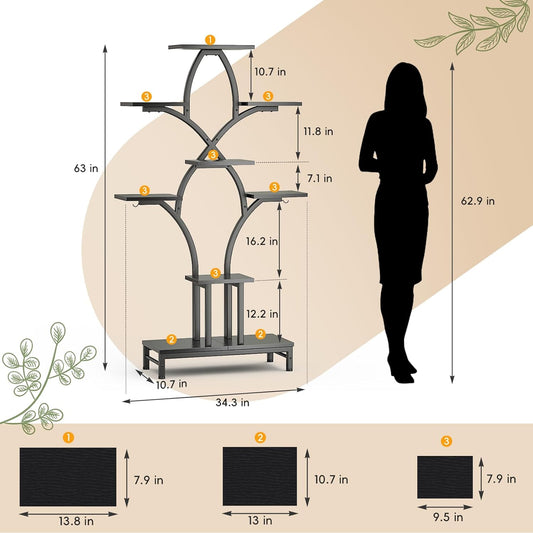 Plant Stand Indoor with 4 Grow Lights - 63" Tall Plant Shelf- 8 Tiered Corner Plant Flower Stands Display Shelves for Home, Patio (Brown)