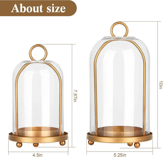 Vintage Brass Metal Candle Lantern with Thick Glass Dome – Set of 2 Shabby Chic Style Candle Holders (5.25"x10" & 4.5"x7.87") – Hanging or Tabletop Decor for Pillar Candles, Plants