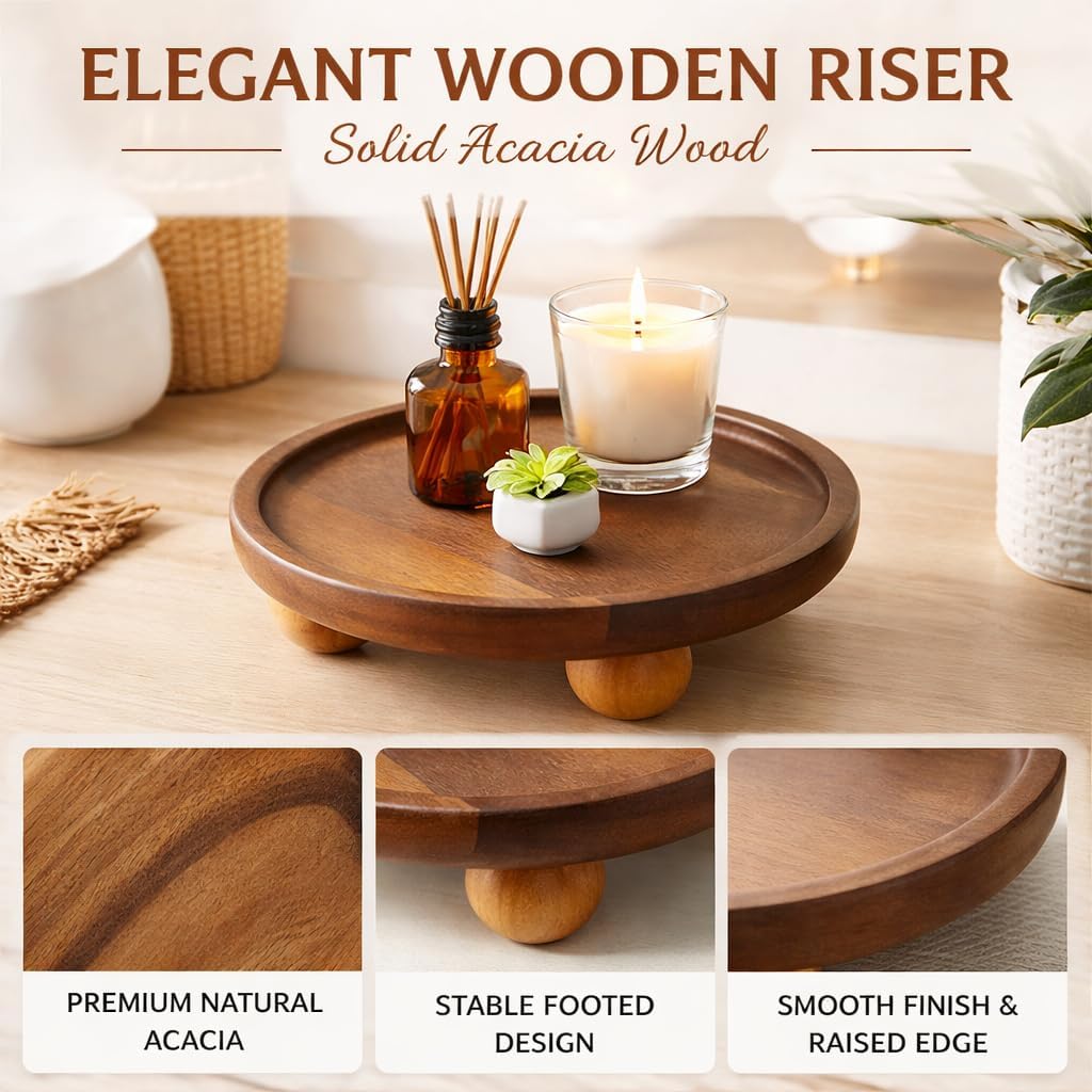 Wooden Riser for Display, 7 Inch Round Wood Riser Pedestal Stand, Small Round Wooden Tray & Wood Pedestal Tray, Elevated Tray for Candles Plants Bottles Vases, Farmhouse Tabletop Entry Table Centerpiece Decor