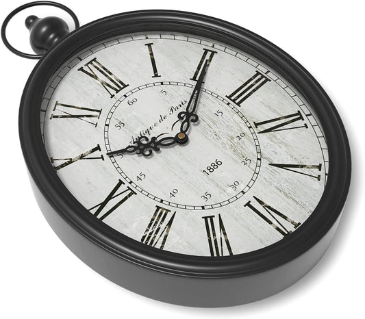 Menterry Oval Retro Wall Clock, Rustic Vintage Style, Black Antique Design, Battery Operated Silent Decor Large Wall Clocks for Kitchen,Farmhouse,Office (15.5" H x 10.5" W)