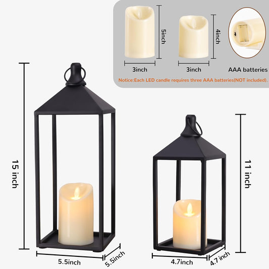 MATAHUM Modern Farmhouse Lanterns Decorative Indoor & Outdoor, 17" 13" Set of 2 Black Vintage Lantern with Flameless Candles, Metal Rustic Lantern Decor for Room, Porch, Mantle, Patio, Home Decor