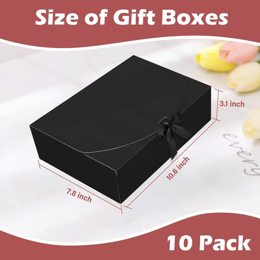 BoShahai 10 PCS Gift Boxes with Lids, 10.6x7.8x3.1 Inch Kraft Paper Gift Box, White with Ribbon, Bridesmaid Proposal Box for Wedding, Packaging, Present, Birthday, Cupcake