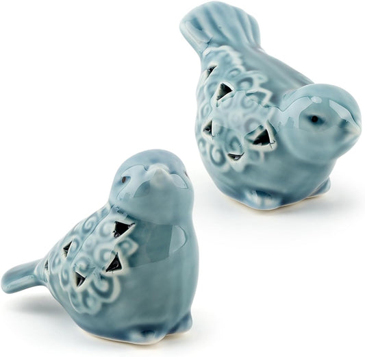 Set of 2 Blue Ceramic Bird Figurines, Glazed Bird Statues with Flower Detail, Farmhouse Modern Home Decor for Shelves, Bookcase, TV Stand, Entryway, Desk