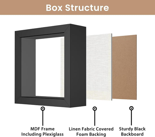 Califortree 8x8 Shadow Box Frame with Soft Linen Back - Push Pins Included, Memory Box Display Case for Flower, Tickets and 3D Items, Black