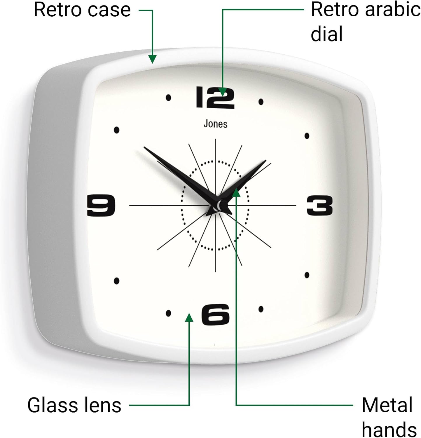 JONES CLOCKS® Movie wall Clock | Retro Rectangular Clock | 10 inch | Orange | Cool mid-Century Designer Look for Kitchen, Living Room or Office