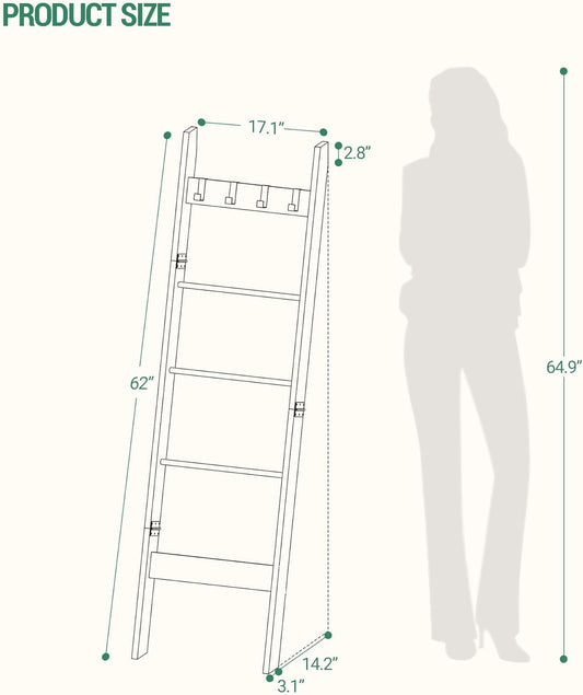 Hzuaneri Blanket Ladder for Living Room, Decorative Quilt Rack with 4 Removable Hooks, 5-Tier Farmhouse Ladder Holder Shelf Organizer for Bedroom, Rustic Brown and Black 02101BBR