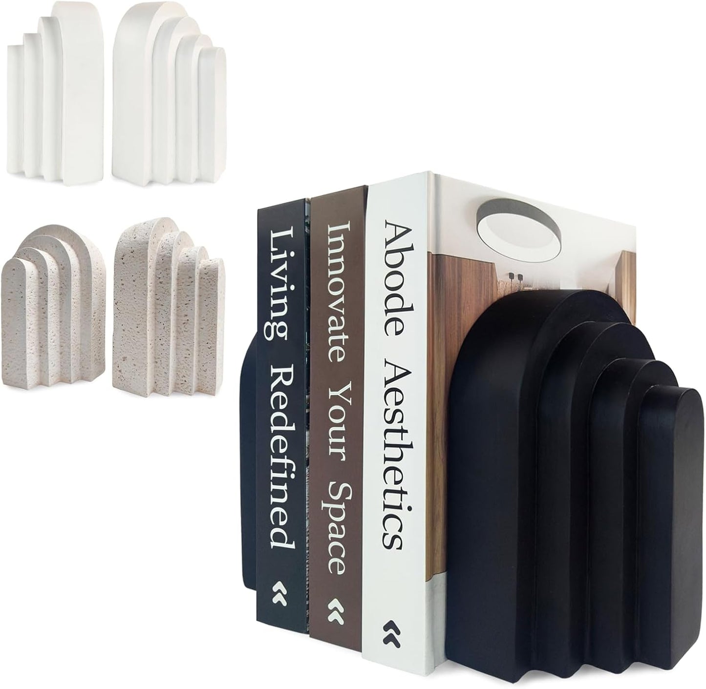 Heavy Duty Book Ends for Shelves, Decorative Book Stopper for Shelves, Resin Decor Bookends for Heavy Books, Modern Home Decor Aesthetic Bookend Aesthetically Pleasing Layered Arch Design, Set of 2
