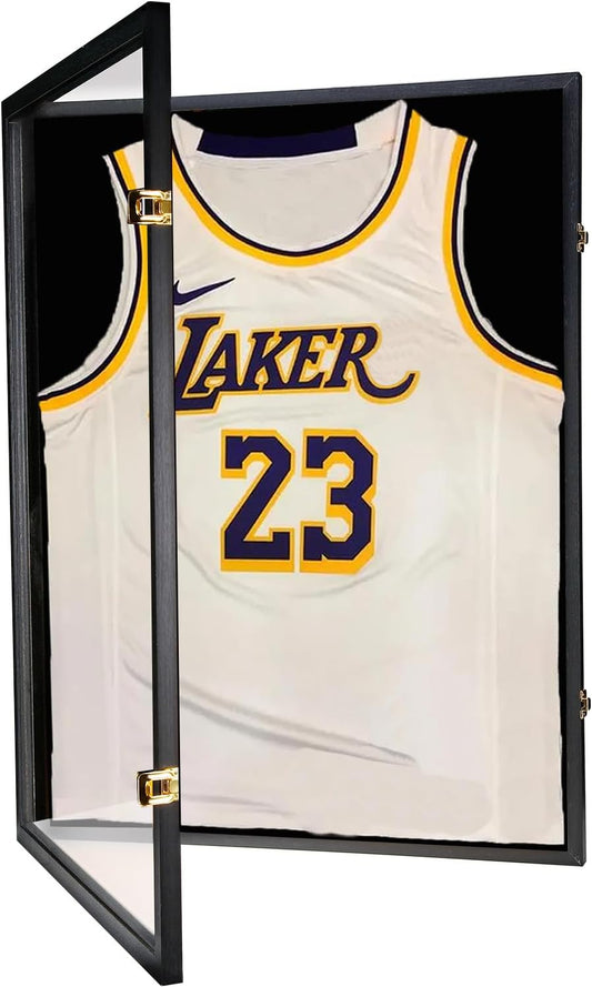 Jersey Wooden Frame Display Case -Shadow Box with 98% UV Protection Acrylic and Hanger for L or XL Baseball Basketball Football Hockey Sport Shirt and Uniform Gifts for Men (Black, 1 Pack)