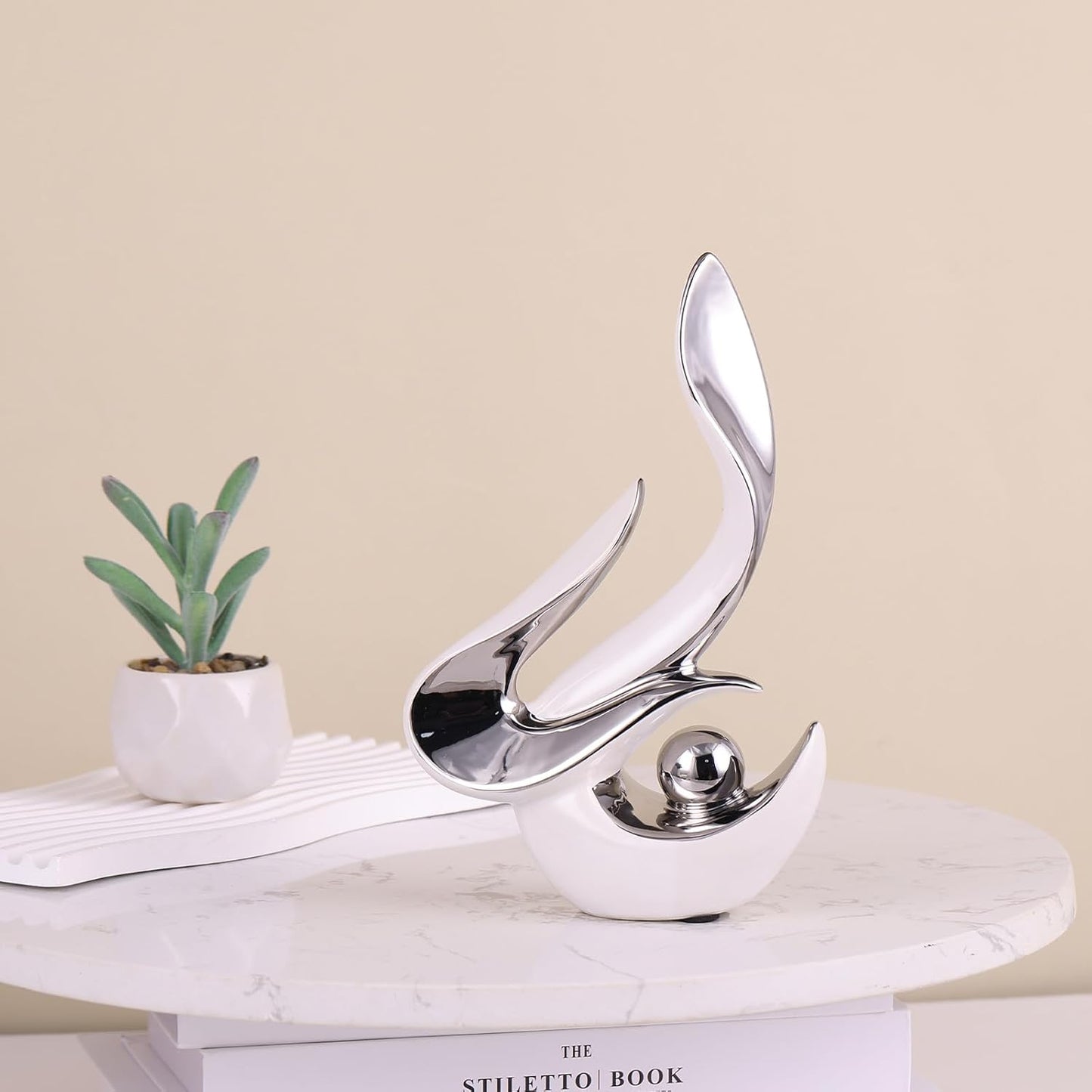 Silver Living Room Decor Table,Sculptures Home Decor,Modern Abstract Art,Dinner Table Centerpiece Decor,Ceramic Statue and Figurines Decorations Accent,Adorno Para Mesa Comedor(White Silver)
