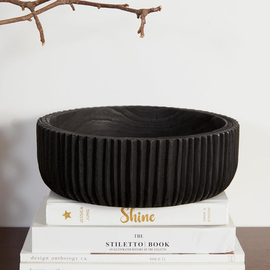 DN DECONATION Oak Wood Black Decorative Bowl-9.25x5.51 Inch Small Bowl for Entryway Key, Fruit, Candy with feet, Boho Farmhouse Home Decor for Dining Room, Coffee Table Centerpiece