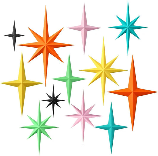 Blulu 12 Pcs Mid Century Modern Decoration Mcm Retro 3D Starburst Art Wall Sculpture, Plastic 8 Pointed Atomic Star Vintage Celestial Whimsigoth Accent for Home Office Room Decor(Retro)