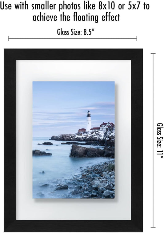Americanflat 8.5x11 Floating Picture Frame with Polished Crystal-Clear Glass - Set of 2 - Use as 5x7 Frame or Display 4x6 Photo - Signature Float Collection - Photo Frames for Wall Display - Black