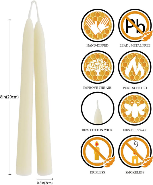 8'' Natural Ivory White Beeswax Taper Candles Set of 6, DEYBBY Smokeless and Dripless Beeswax Candles, Long Lasting Burning