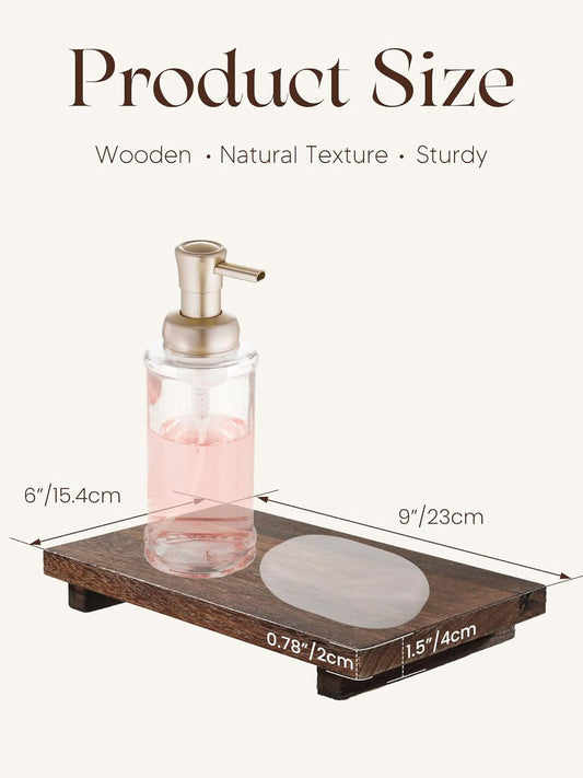 Wood Tray Pedestal Stand, 9 x 6 Inch Decorative Farmhouse Bathroom Decor, Small Rustic Wooden Soap Dish Holder Riser for Kitchen, Counter, Sink, Vanity, Table, Coffee Bar, Brown