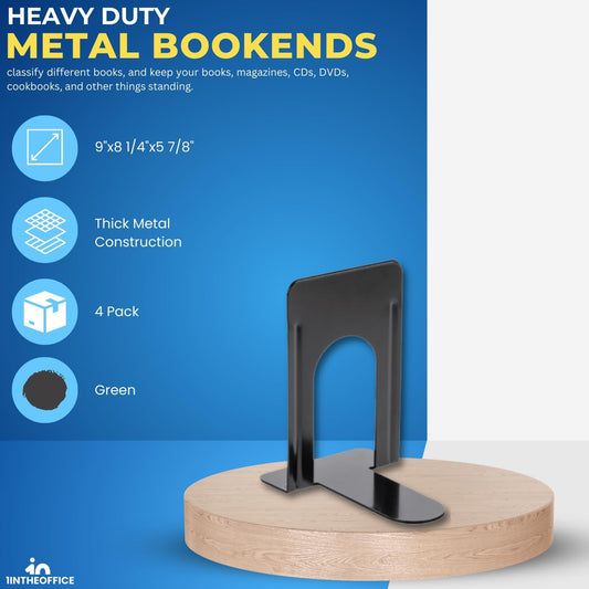 1InTheOffice Black Metal Bookends, 4/Pack - 8 1/4" x 5 7/8" x 9" Heavy Duty
