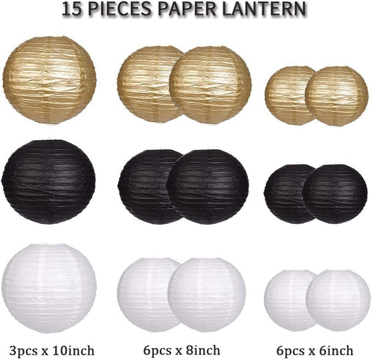 Paper Lanterns Decorative, Round Hanging Paper Lanterns Decorations for Rustic Party Bridal Shower Wedding Sage Green Birthday Party Supplies Gold/Ivory/Sage Green 15pcs