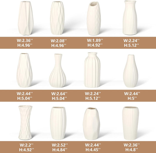 BEAHOT Ceramic Bud Vases Set of 12 - Matte Mini White Jars Bulk | Small White Ceramic Vases for Centerpieces, Wedding Floral Arrangements, DIY Crafts & Boho Table Decor (No Repeating Designs)