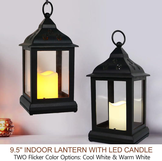 2-Pack 9.5" Vintage Decorative Candle Lantern with LED Flickering Flameless Candle (Black, 8hr Timer) - Indoor Hanging Lanterns Decorative Lanterns Battery Powered LED Candle Timer Candle