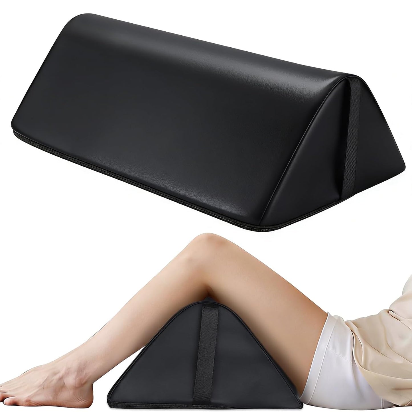 Noverlife 3/4 Round Massage Table Bolster Pillow with Strap Handle, 26 x 6 x 6 in PU Leather Massage Bolster for Under Legs, Cozy Positioning Support Pad for Knee Neck Back Pain Relief - Black