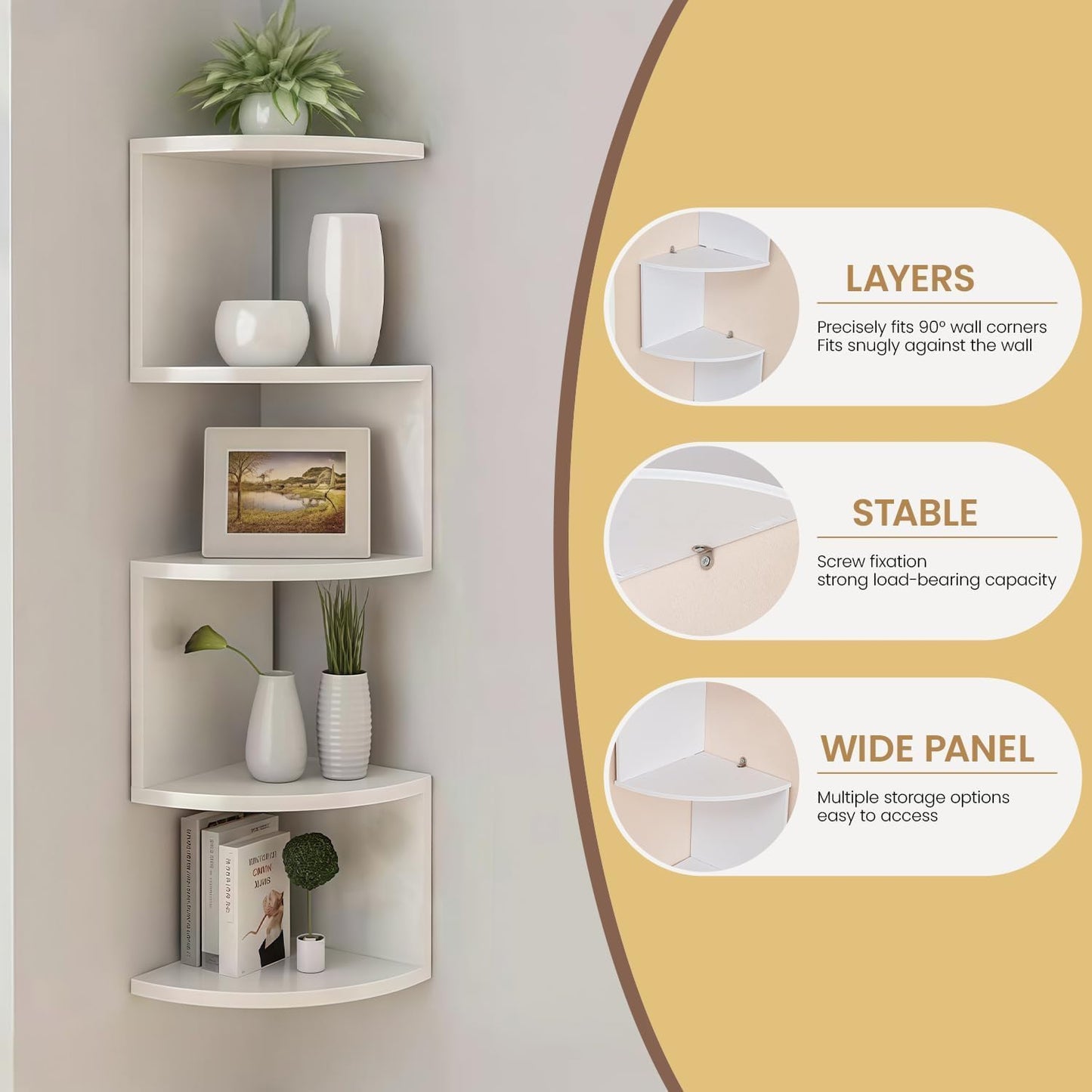 5-Tier Floating Corner Shelf Wall Mount, Heavy Duty Wall Corner Bookshelf, Multi-Purpose Plant Display Shelf for Bedroom Living Room Bathroom Home Office, (Black)