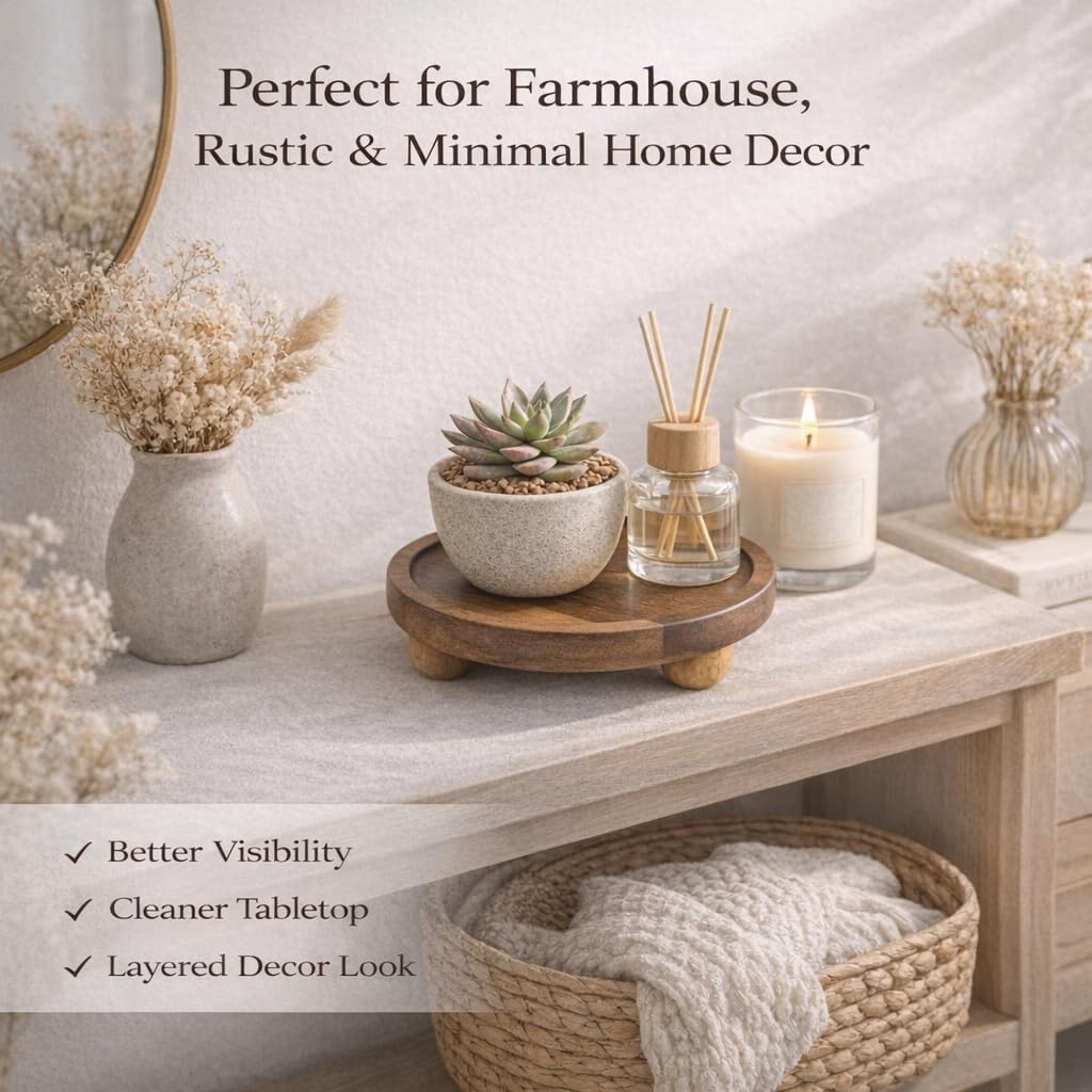 Wooden Riser for Display, 7 Inch Round Wood Riser Pedestal Stand, Small Round Wooden Tray & Wood Pedestal Tray, Elevated Tray for Candles Plants Bottles Vases, Farmhouse Tabletop Entry Table Centerpiece Decor