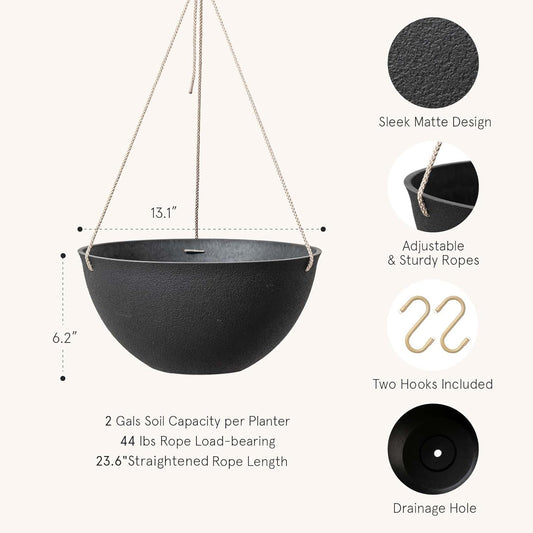 LA JOLIE MUSE Large Hanging Planters - 13 Inch Flower Pots Outdoor Indoor, Hanging Garden Planters Set of 2, New Iron Color