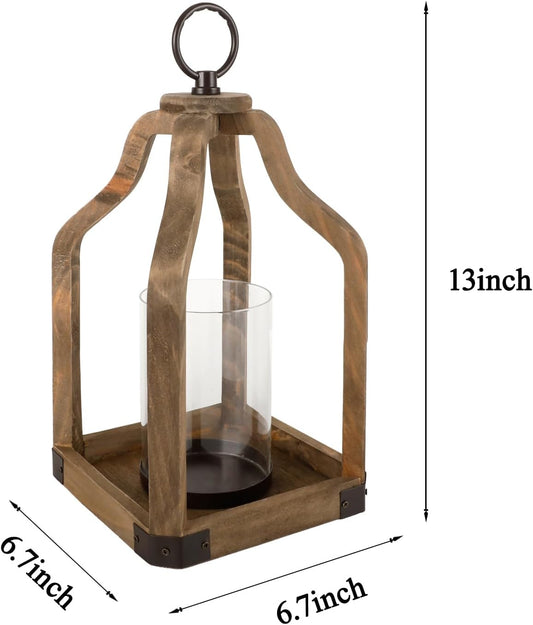 Rustic Wood Lantern Candle Holder for Farmhouse Decor - Indoor and Outdoor Table Centerpiece with Glass Hurricane, 13" High