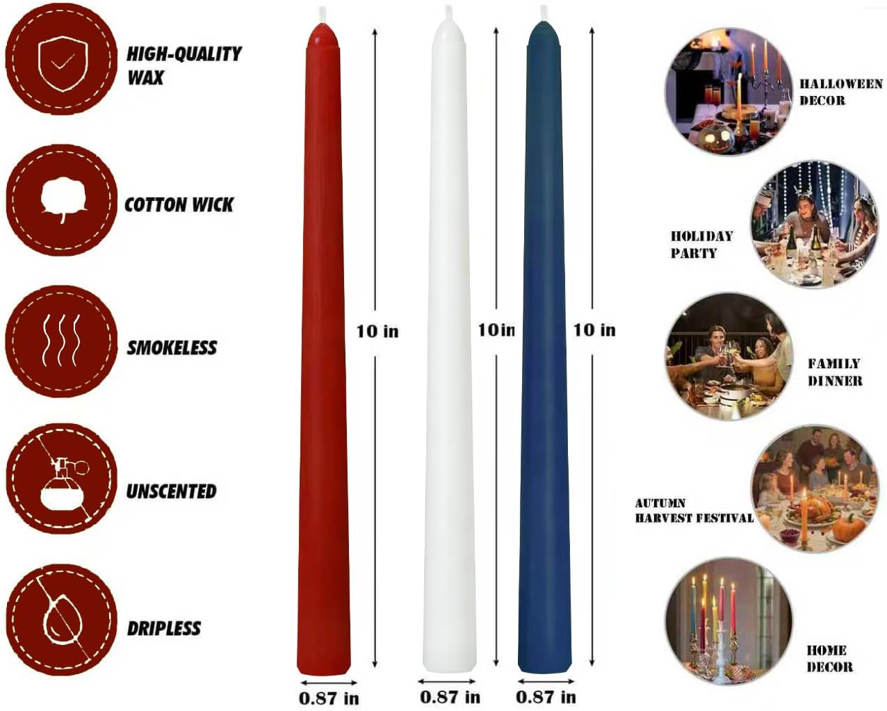 12-Pack Earth Tone Taper Candles, 10 Inch Unscented Dripless Candlesticks, Long-Lasting Burn Time of 7-8 Hours, Perfect for Fall Harvest Halloween Thanksgiving Dinners Parties and Home Décor