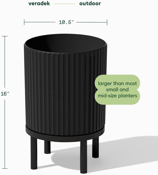 Veradek Demi Series Round Planter w/ Stand for Porch/Patio | Durable Plastic-Concrete & Wooden Stand | Modern Décor for Tall Plants, Flowers