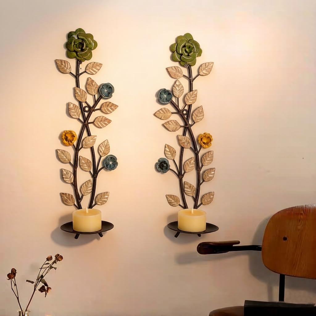 Metal Wall Candle Sconce Holders Set of 2, Rustic Leaf and Flower Branch Candle Holder Wall Decoration for Living Room Farmhouse Wedding Fireplace