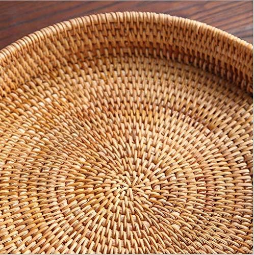 13.8 inch Round Rattan Tray, Decorative Coffee Table Tray, Ottoman Tray, Woven Serving Tray with Handles, Wicker Serving Basket, Whitewash