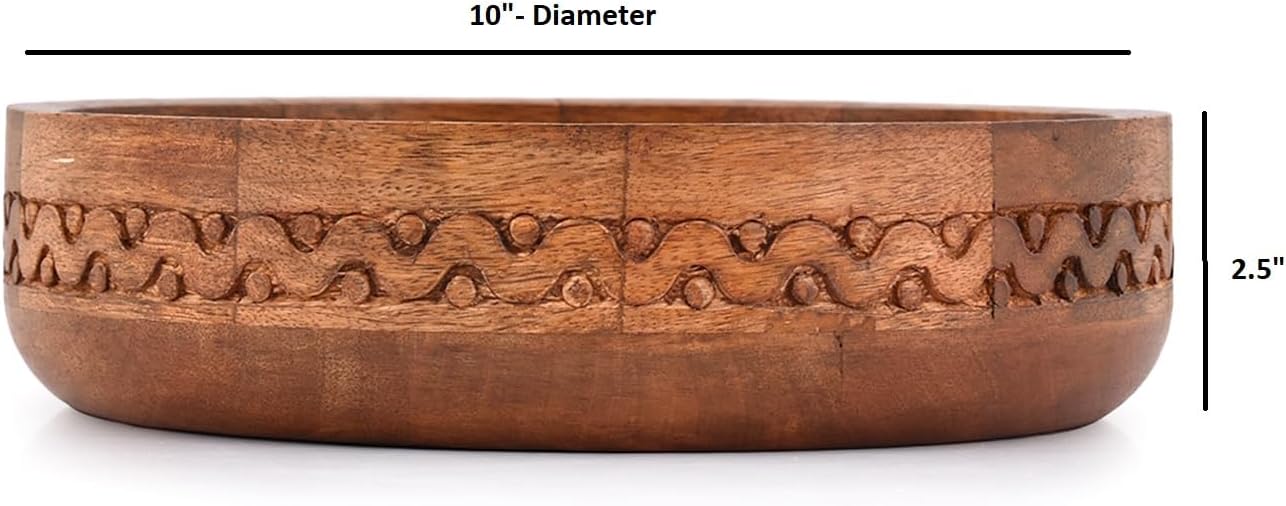 EDHAS Mango Wood Decorative Round Carved Bowl for Decoration, Centerpiece Bowl for Table (10" x 10" x 2.5")