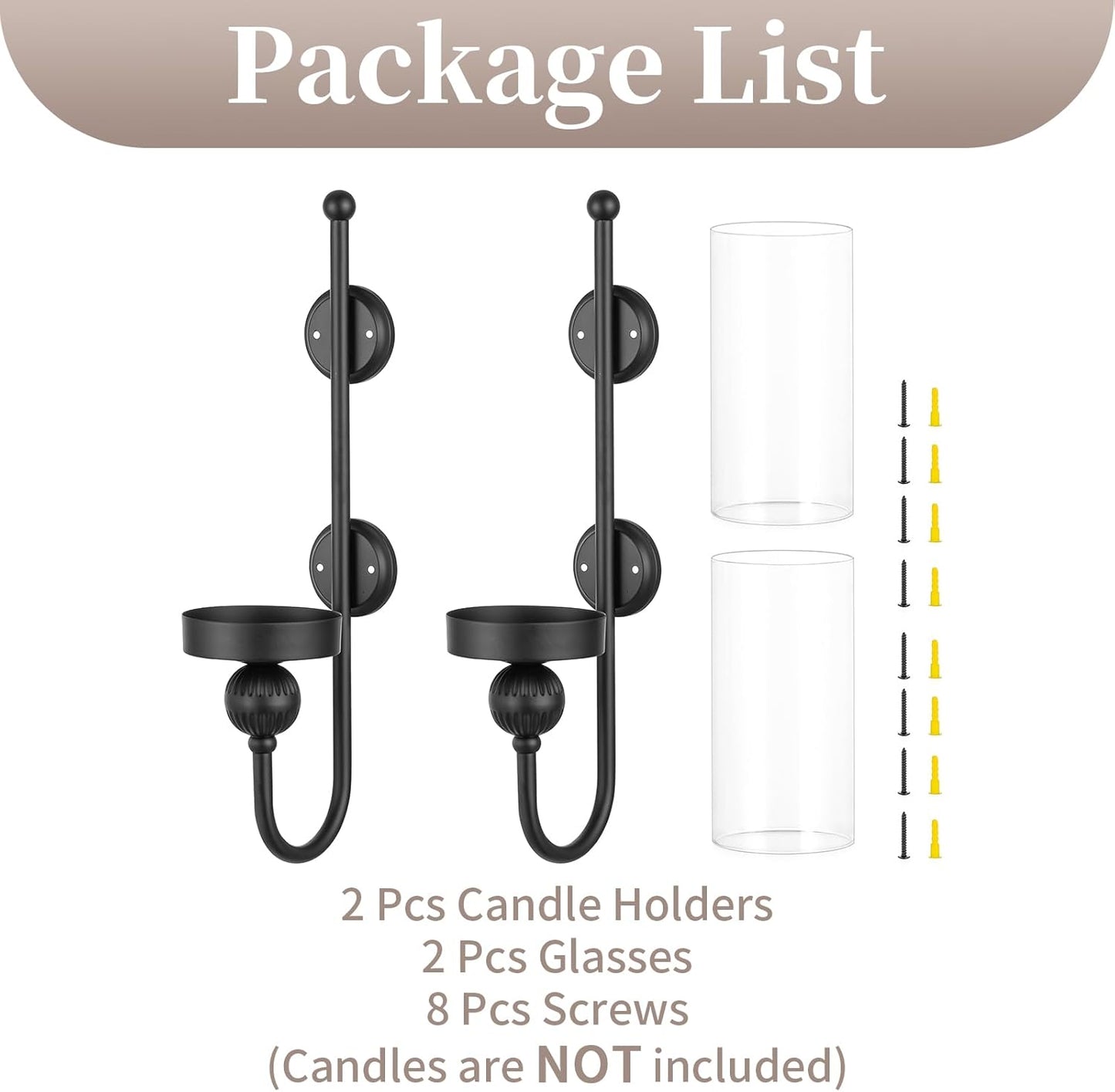 Sziqiqi Wall Candle Sconces Black: Wall Candle Holder Set of 2 for Pillars with Hurricane Glass - Wall-Mounted Metal Candleholder for Living Room Bathroom Bedroom