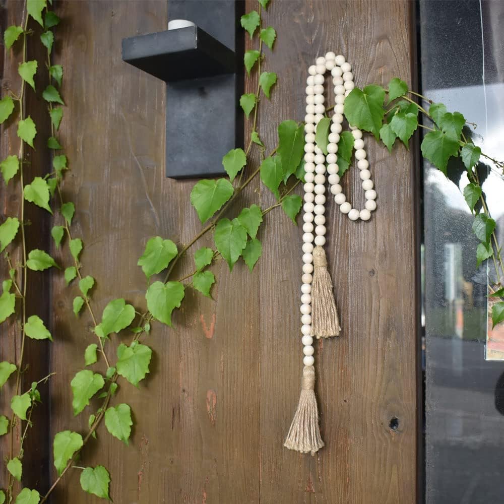 58 Inch Wood Bead Garland with Tassels, Rustic Farmhouse Beads Wall Hanging Prayer Beads