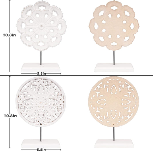 AXEARTE 2 Pack Wooden Carved Cutout Flower Medallion Sculpture, Rustic Distressed White MDF Statues Home Tabletop Decor, Decorative Ornaments for Living Room, Bedroom, Office Desktop, Cabinets