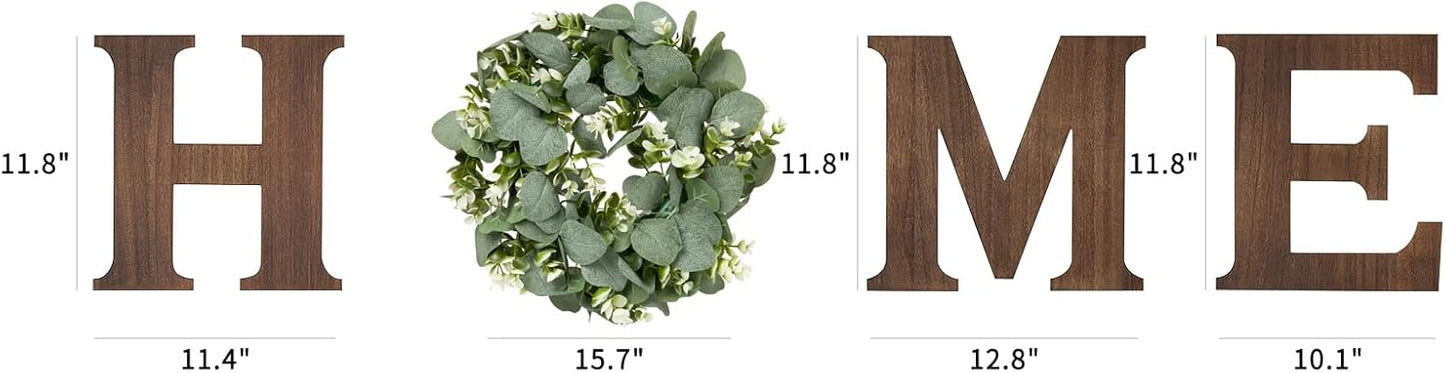 Mkono Farmhouse Wall Home Sign with Artificial Eucalyptus for O Rustic Wooden Hanging Letters Decorative Wall Art Decor for Living Room Kitchen Entryway Housewarming Gift, Brown