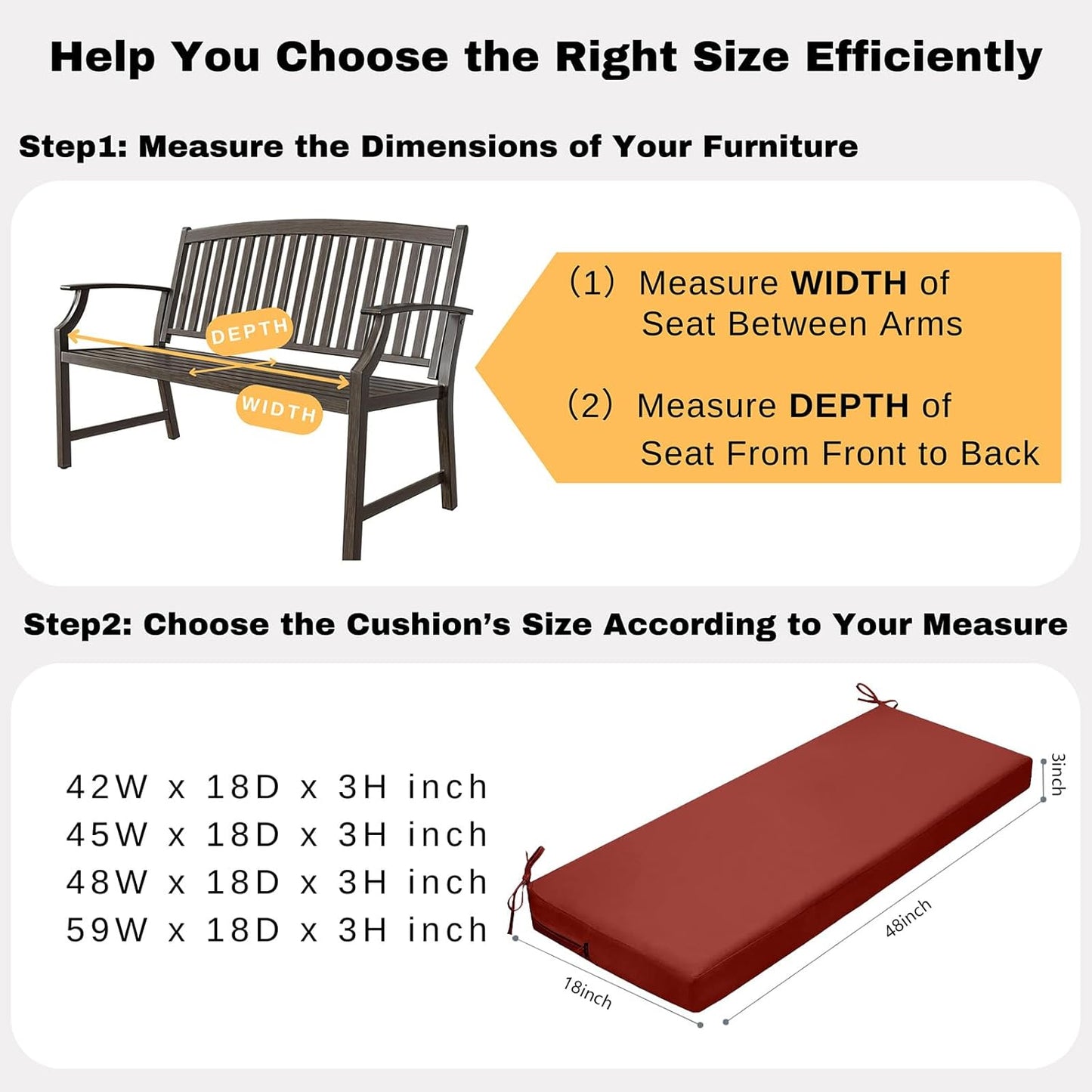 idee-home Outdoor Bench Cushion Waterproof, Bench Cushions for Outdoor Furniture, Patio Porch Swing Replacement Seat Pad with Ties for Garden Backyard, 48 x 18 Inch Red
