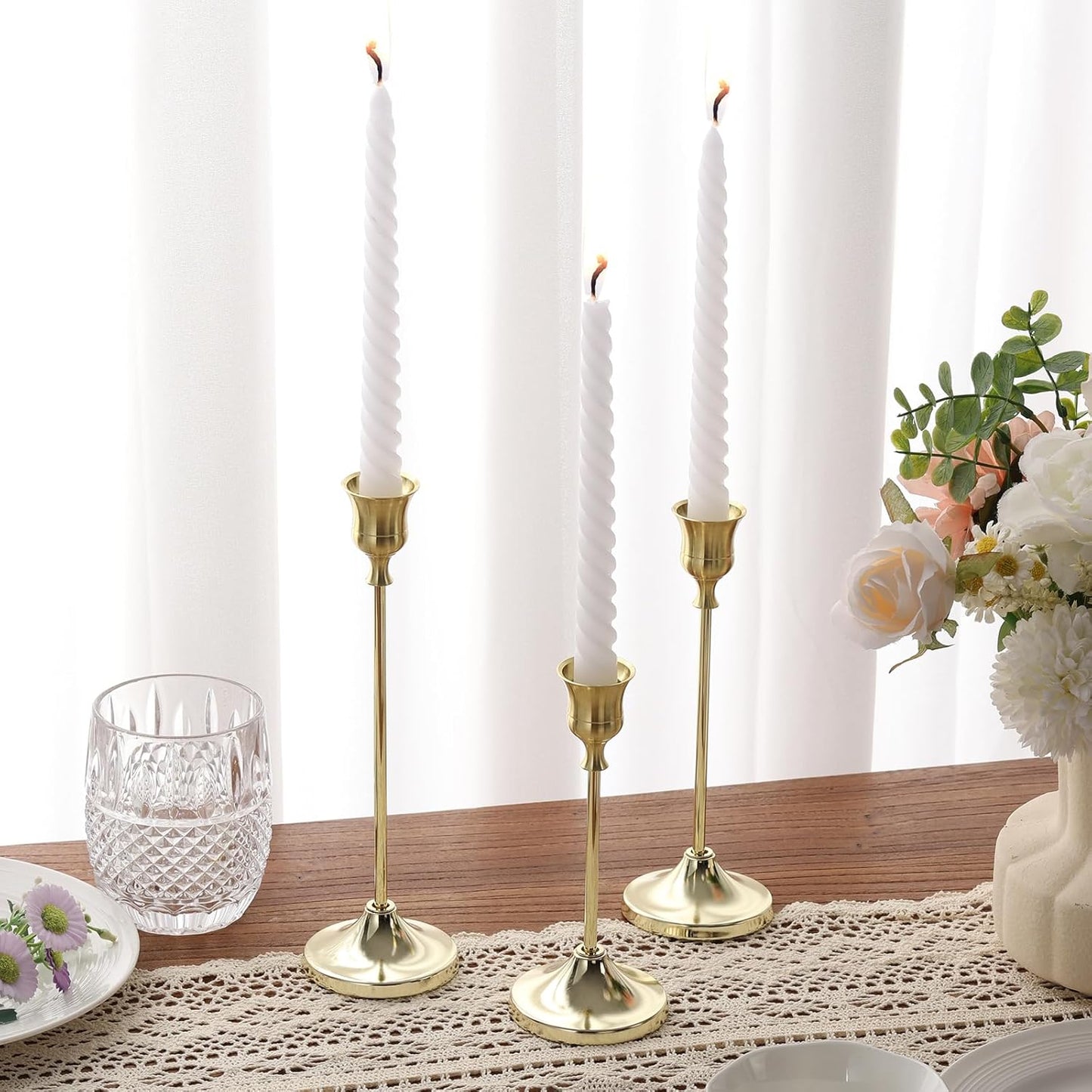 Candlestick Holders 4 Sets(12 Pcs), Brass Gold Candle Holders with Anti-Slip Pad, Metal Taper Candle Holder, Candle Holder for Wedding Fireplace Mantel Housewarming Gift