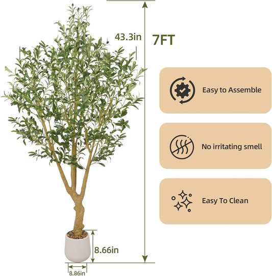 Faux Olive Tree 7ft - Realistic Tall Silk Olive Trees Artificial Indoor Decor - Large Potted Fake Olive Tree with Branches and Fruits - Artificial Olive Trees for Home Office Decor Indoor