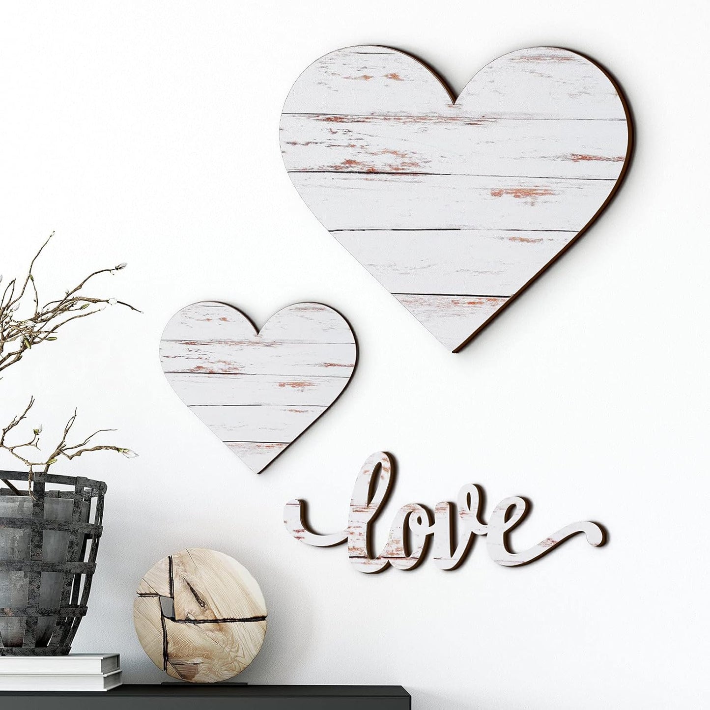 3 Pcs Wooden Hearts Decor Heart Wooden Sign Rustic Hanging Love Plaque for Wall Home Farmhouse Living Room Bedroom Gifts(White)